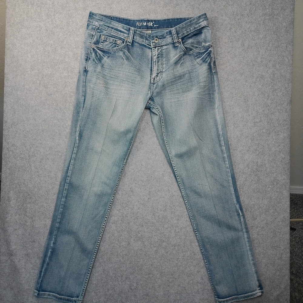 Flypaper Jeans Mens 36 Slim Light Wash Blue Denim Whiskered Faded Casual Pants